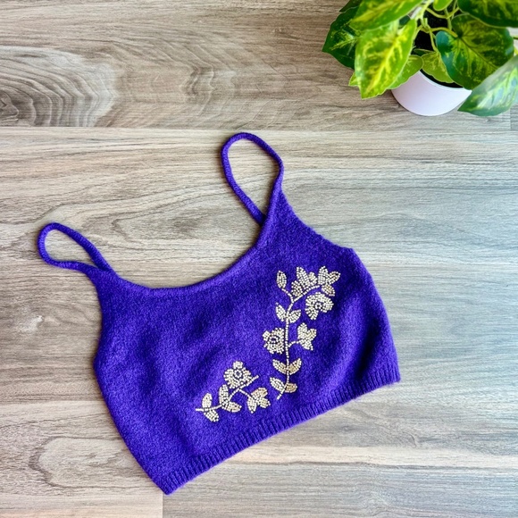 Zara Floral Beaded Purple Wool Blend Knit Crop Tank Top Women’s Size S - Picture 3 of 13